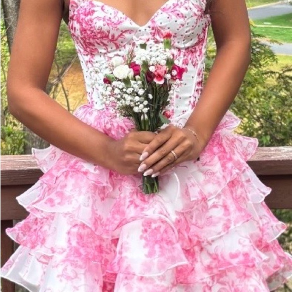 Amelia Couture designer prom or homecoming floral dress white and pink